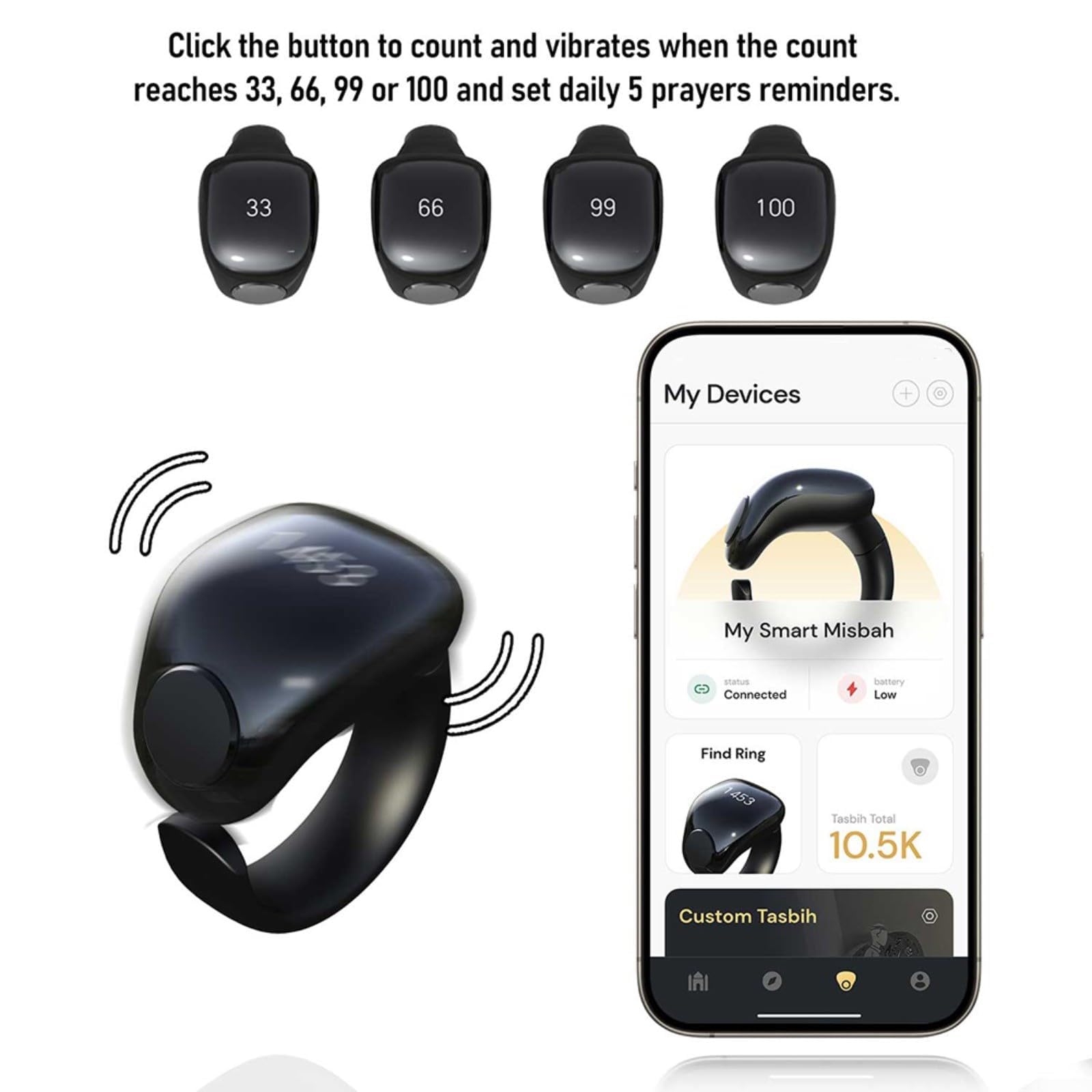 Anello di preghiera digitale Tasbih impermeabile Smart Device con App Sync Dimensioni regolabili 18 mm 20 mm 22 mm per culto musulmano pratica spirituale Tracking 9999 conteggi