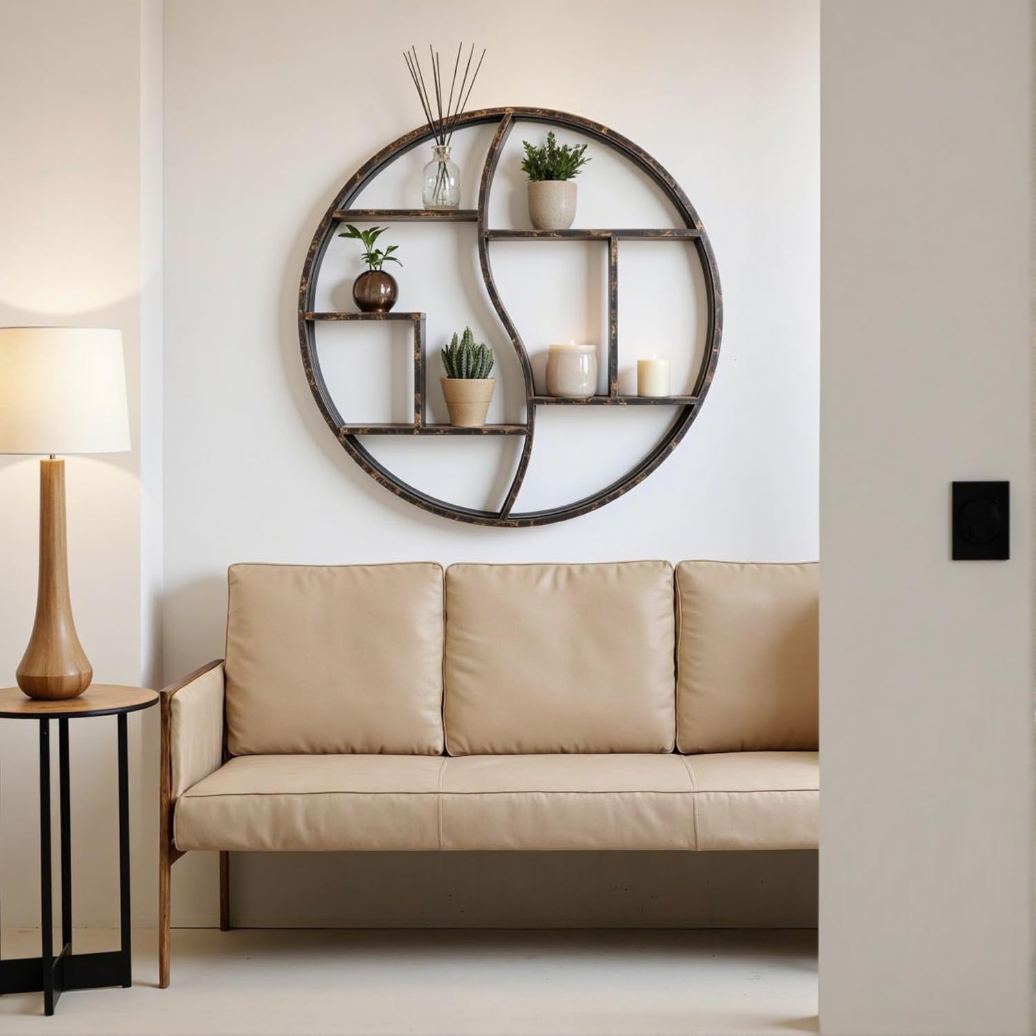 GLCS GLAUCUS Round Wall Shelf,24 inch Metal Circle Shelf Wood