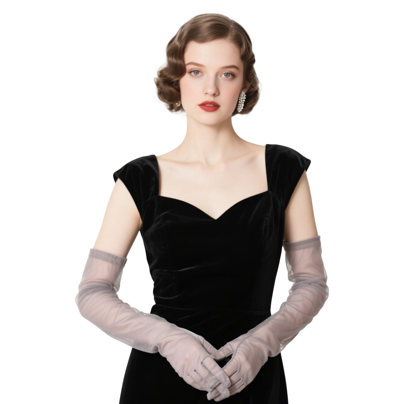 THARAHT Women Long Gloves with Satin Elbow Length for 1920s Opera Tea Party Costumes Bridal Evening Dress: Tulle Gray