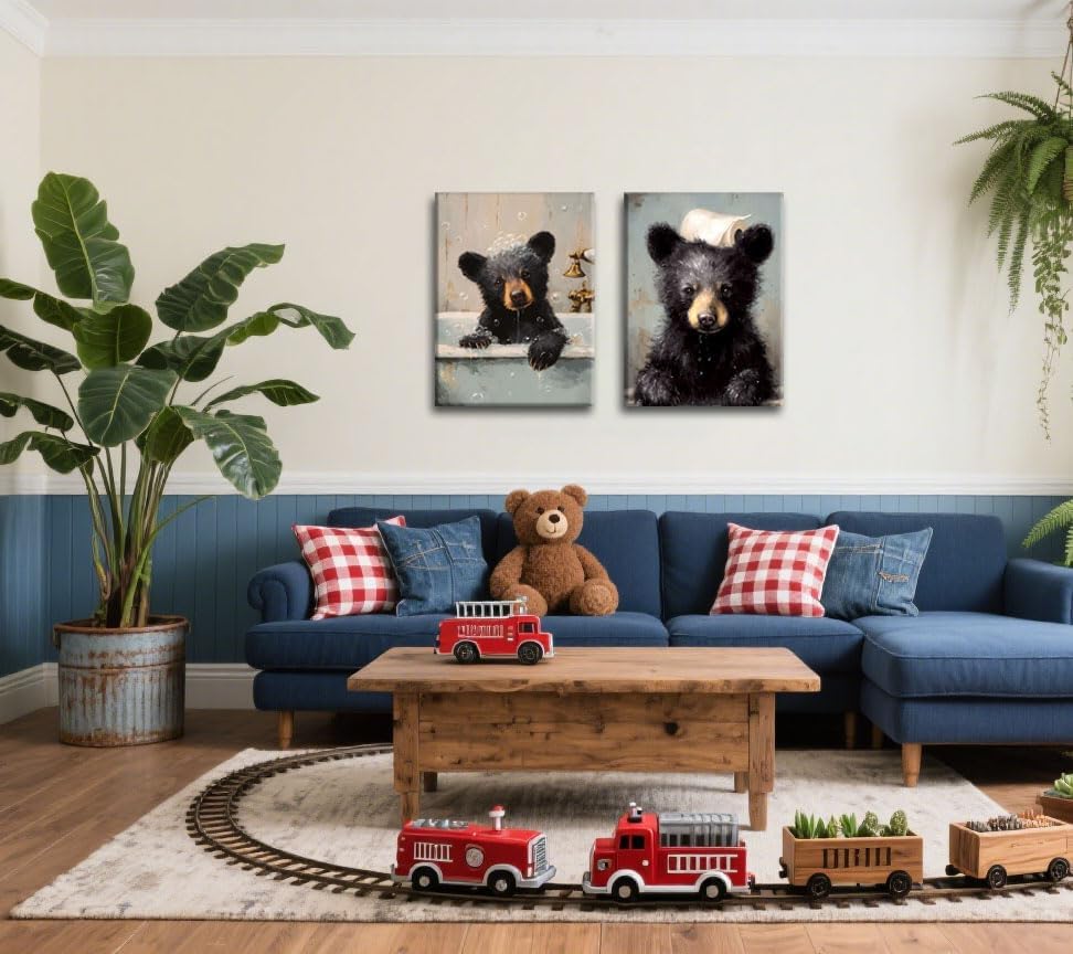 Image of Frimeeme 2 Piece Bear Bathroom Canvas Wall Art Set 12x16 inches | Bathtub Bear Prints, Cute Humorous Posters Ready to Hang Home Decor1, ready to hang