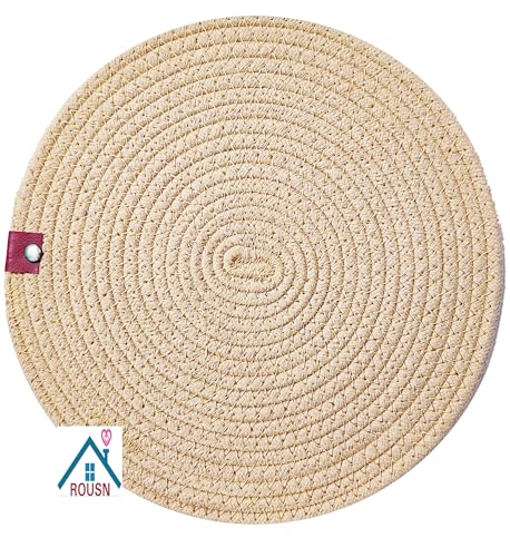 Image of Cotton Rope Placemats, Round Red with White Border, Set of 4, Heat Resistant Table Mats (Beige)