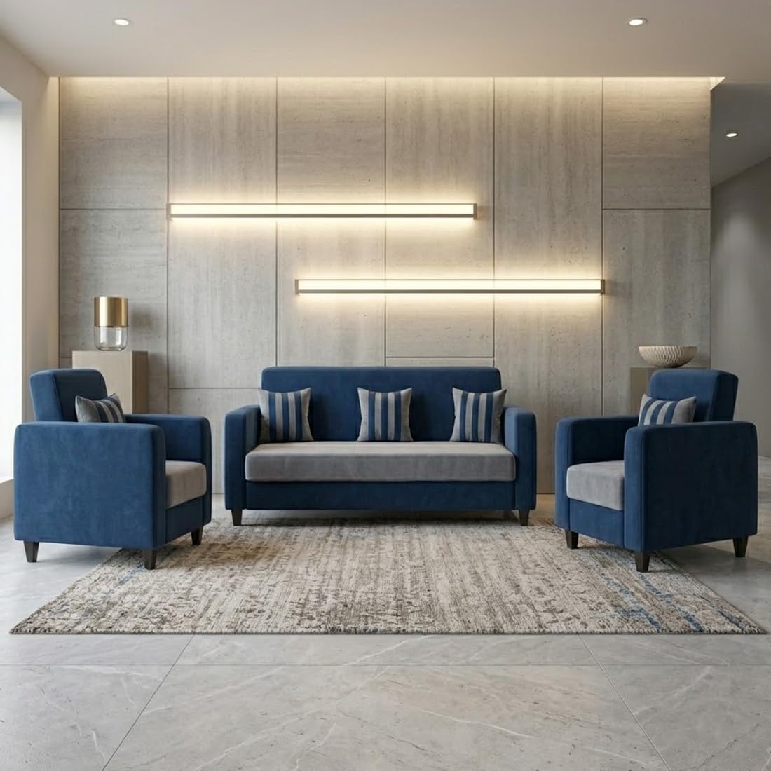 Alvaro Stylewood 5 Seater Fabric Sofa Set (3+1+1), Velvet Finish Sofa Set for Living Room, Space Saving Furniture for Home & Office - Blue-Light Grey-image-9