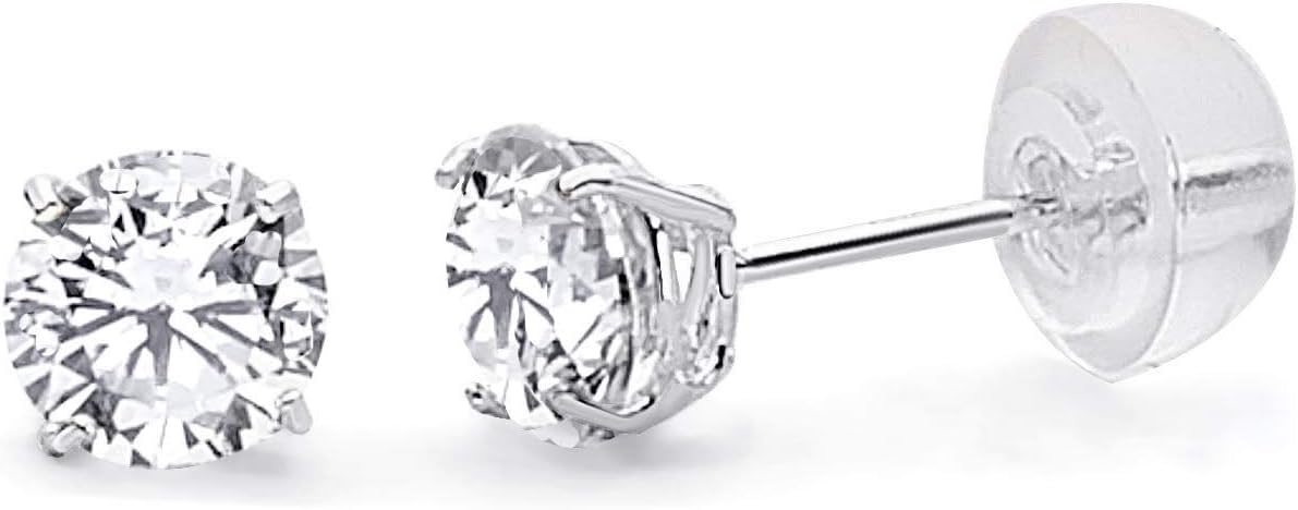 14k REAL Yellow/White Gold 3mm, 4mm, 5mm, 6mm, 7mm, 8mm Round Solitaire Basket Set Stud Earrings with Silicone Backs