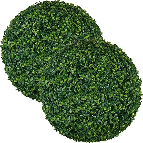 AILANDA 2PCS 16inch Artificial Plant Topiary Ball Outdoor UV Resistant Faux Boxwood Balls with Chain Hook for Balcony, Patio, Garden, Backyard, Wedding, Home Decoration (Dark Green)