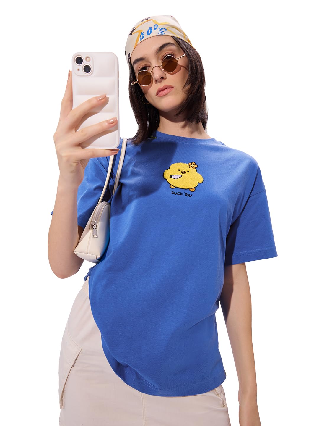 the souled store Duck You Women and Girls Short Sleeves Round Neck Blue Towelling Embroidered Cotton Oversized T-Shirts-picture-34