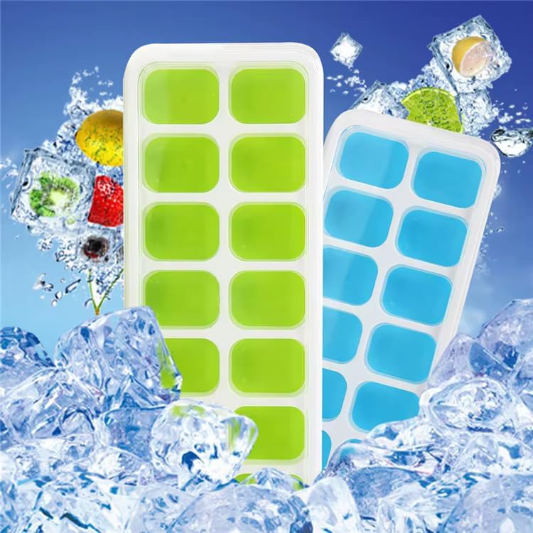 Image of ice Cube Tray with Lid - BPA Free Flexible Silicone Ice Maker Mold, Easy-Release 14-Cavity Ice Cube Trays for Freezer (Set of 2 - Blue & Green)