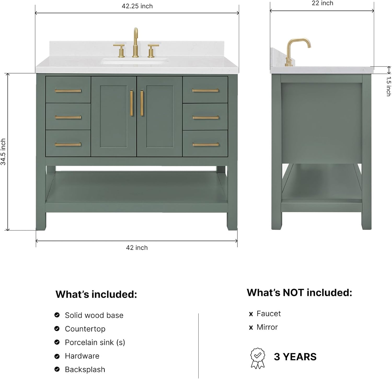 ARIEL Magnolia 42-inch Bathroom Vanity with Sink,Solid Wood, 1.5-inch Carrara White Quartz Countertop, Single Rectangular Porcelain Sink, 2 Soft Closing Doors, 6 Dovetail Drawers, Vintage Green
