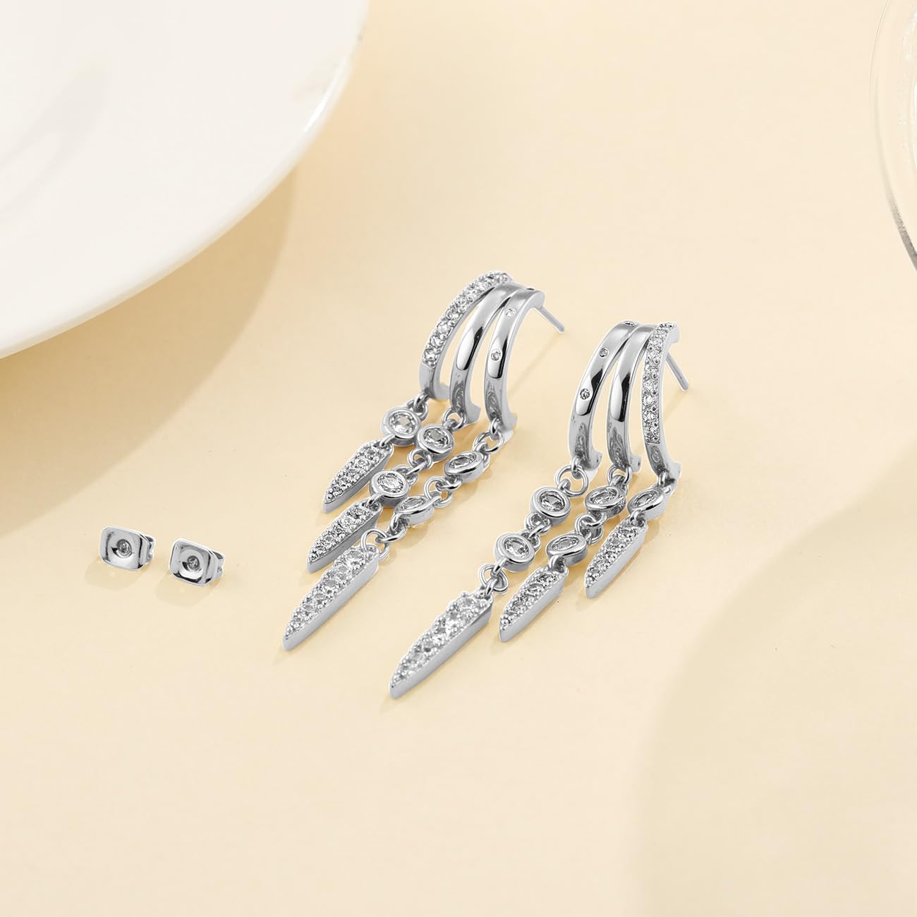 Emibele Huggie Dangle Earrings for Women, Non Tarnish Triple Hoop Drop Earrings with Cubic Zirconia, Trendy Hypoallergenic Long Chain Huggie Earrings Fashion Jewelry Gifts - Image 6