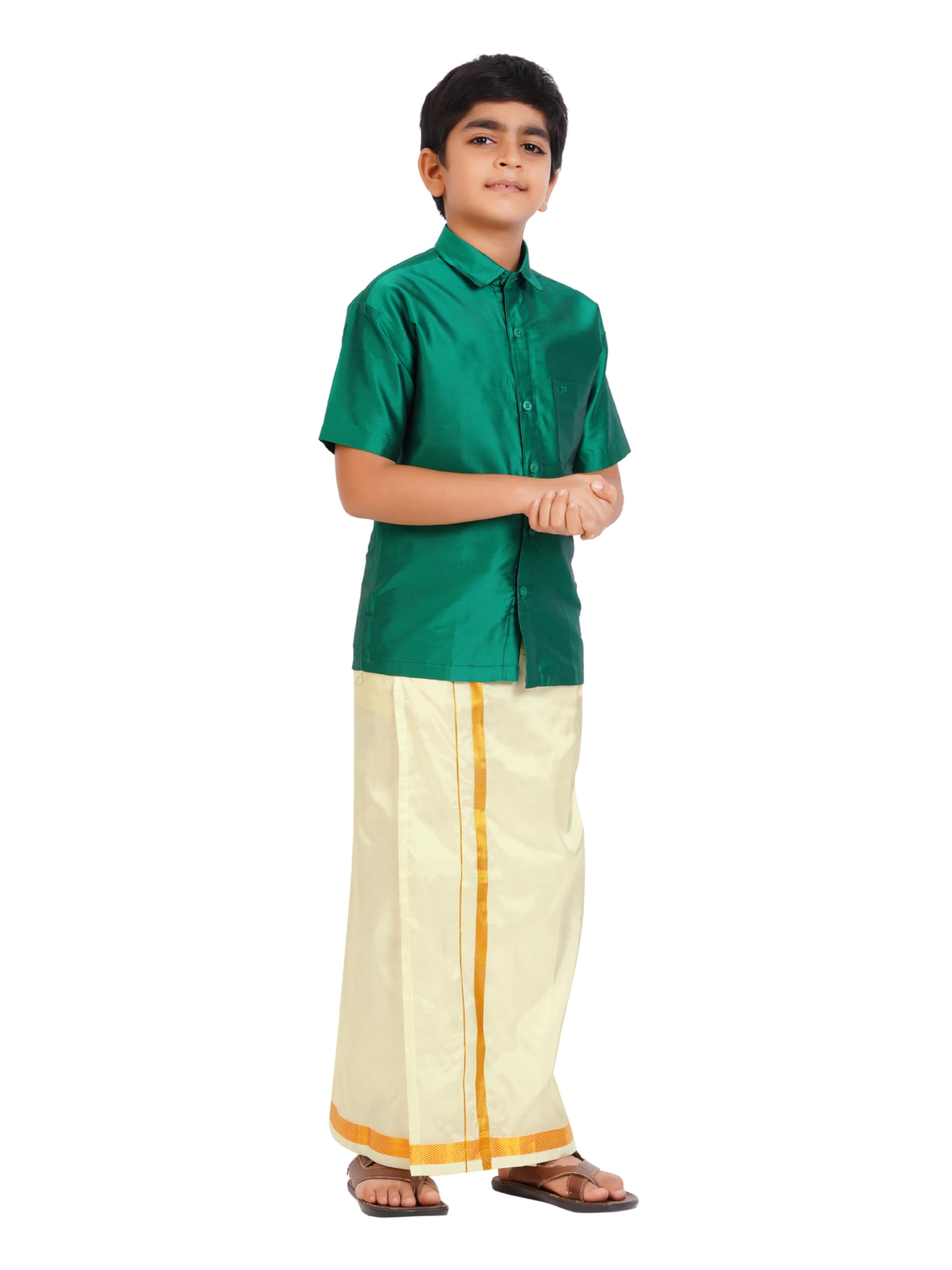 Prakasam Cotton- Art Silk Traditional Boys Dhoti Set, Shirt With Cream Dhoti, Gold Border, Short Sleeve (1-2 Years, Dark Green)