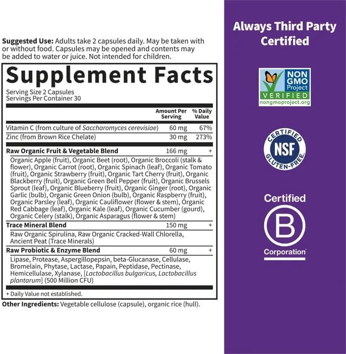 Garden of Life Zinc Supplements 30mg High Potency Raw Zinc and Vitamin C Multimineral Supplement, Vitamin Code Vitamins Trace Minerals & Probiotics for Skin Health & Immune Support, 60 Vegan Capsules image 5 of 6 B0098U0QC0