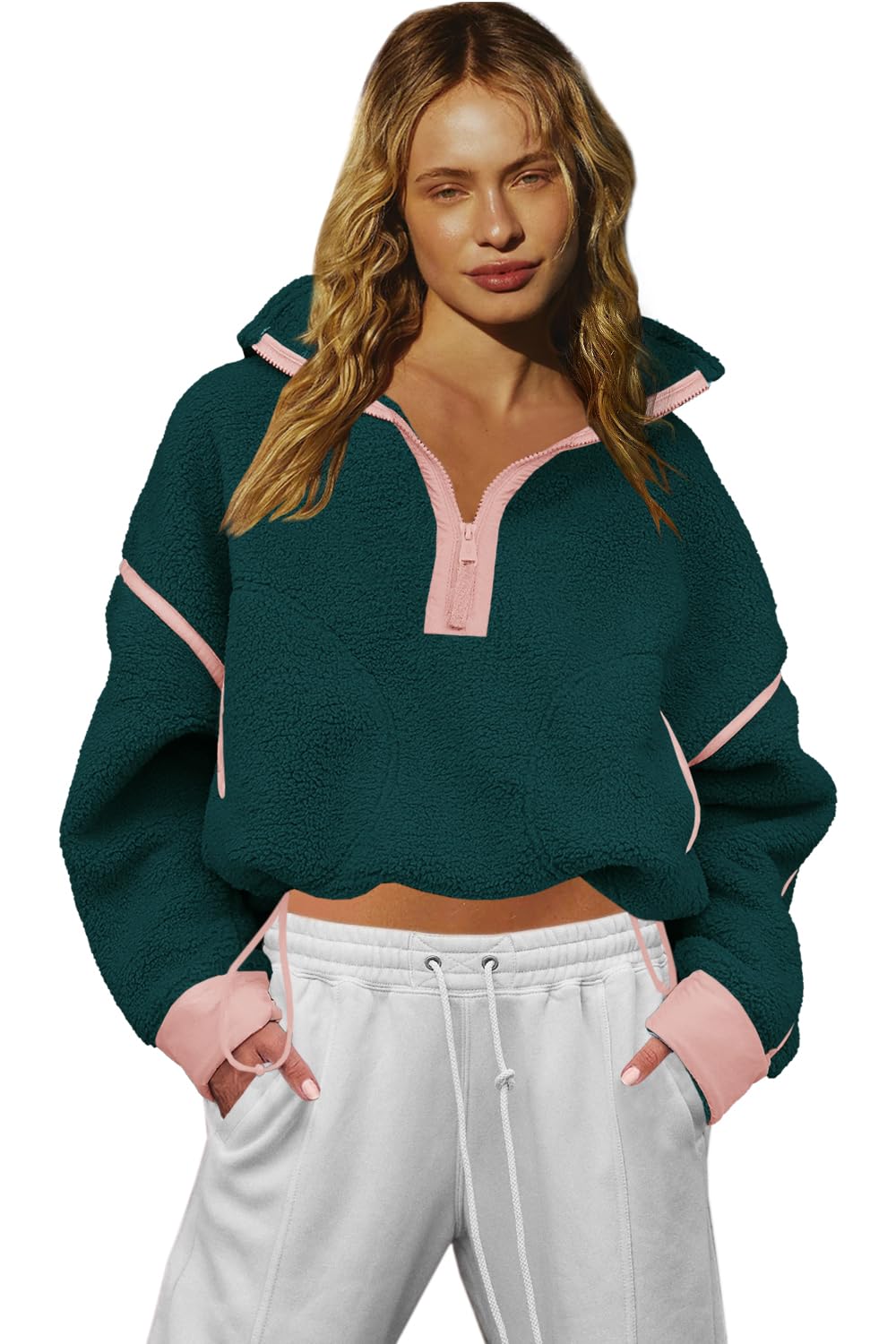 LAMISSCHE Half Zip Sweatshirt Women Oversized Sherpa Jacket V Neck Fleece Pullover Hoodie with Pockets