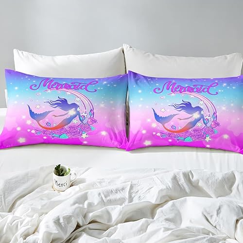 Miniatura 6 de Erosebridal Juego de ropa de cama de sirena tamaño King para niñas, juego de edredón femenino de arco iris, vida oceánica, edredón acolchado de