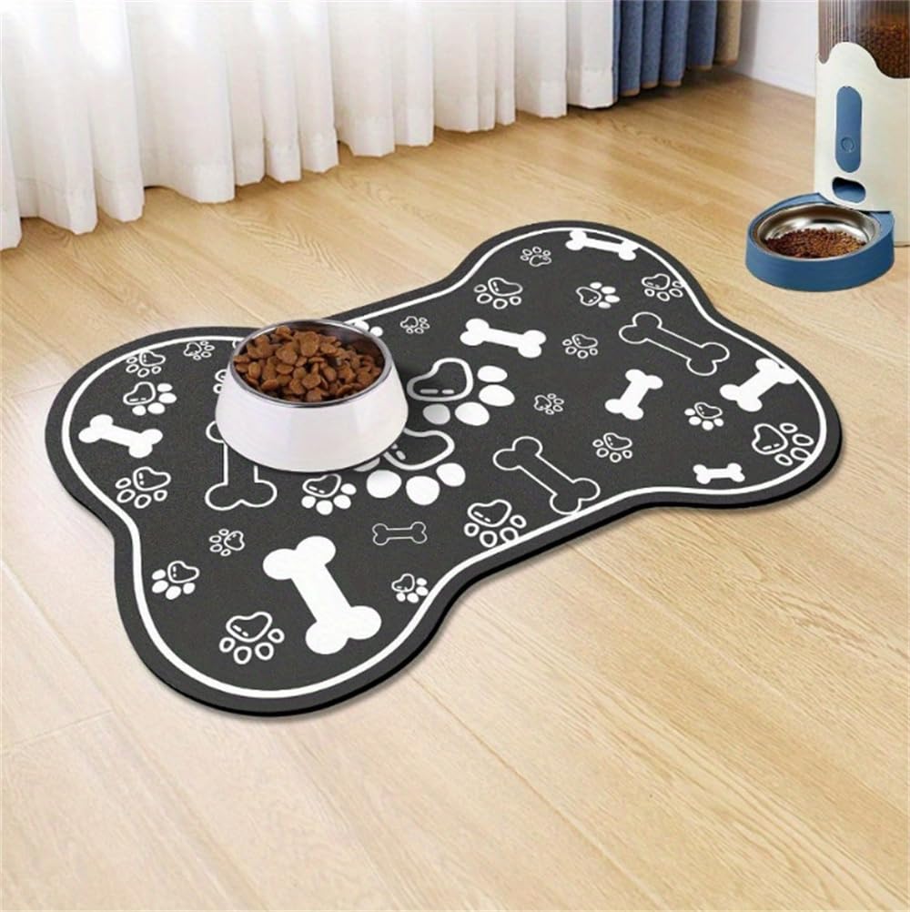Hixingo Pet Food Mat for Cats Dogs Non Slip, Absorbent Quick Dry Pet Feeding Mat with Non-Slip Rubber Backed, Dog Cat Placemat Bowl Food and Water Bowl Matt (Printed black,40 * 60cm)