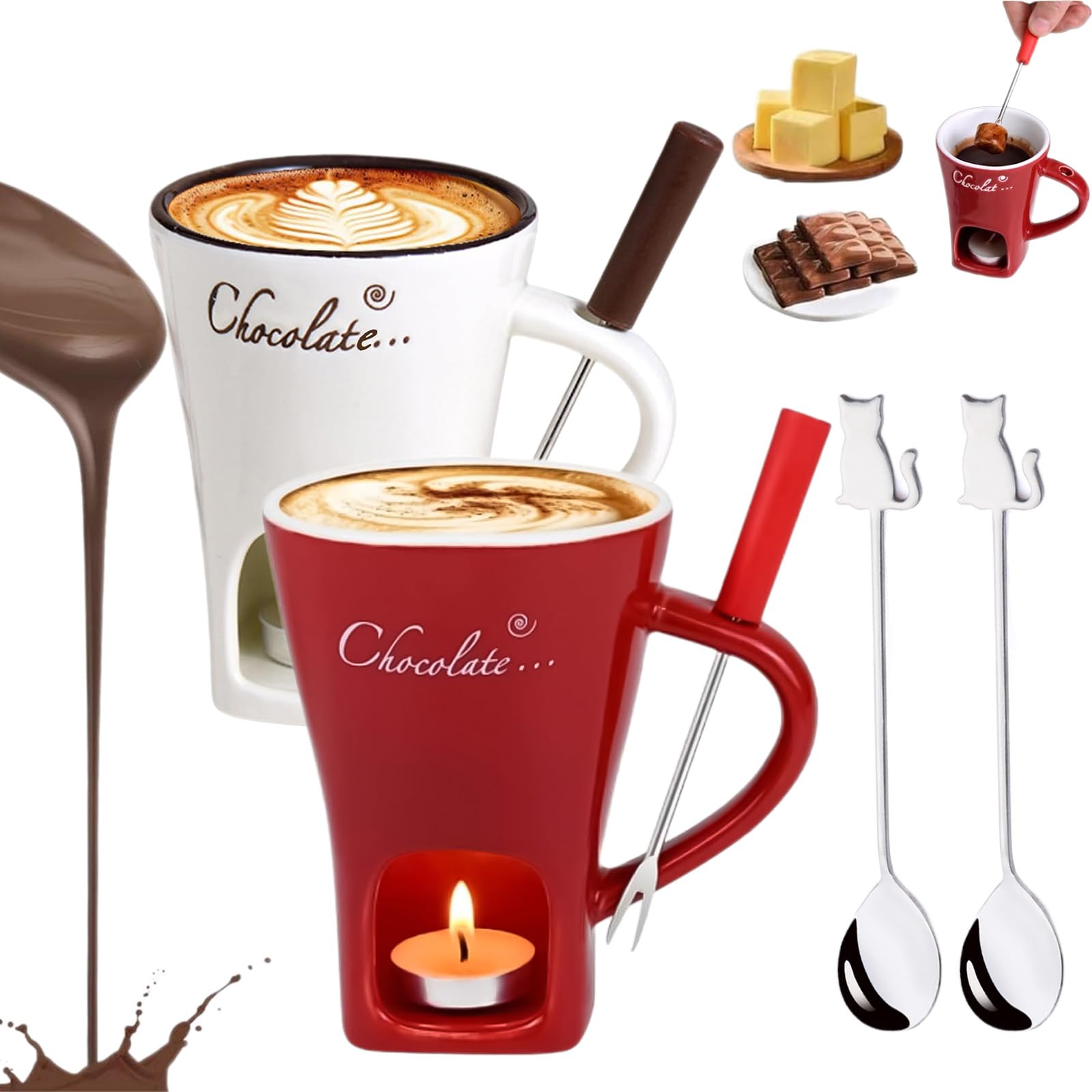Chocolate Fondue Mug Set, Chocolate Fondue Mug Set, Tea Light Heating Butter Warmer, for Cheese Chocolates Butter (White+Red)