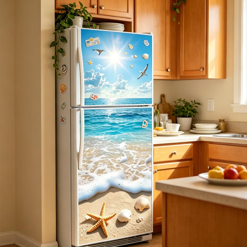 2 fogli Adesivi per Porta Frigorifero Tema Spiaggia Oceano Decorazione Murale Rimovibile Adesivo per Porta Frigorifero Modello Stella di Mare 3D per Casa Cucina Bar