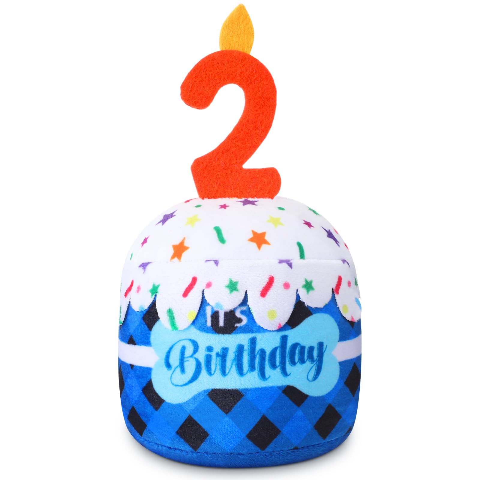 Dansydaisy Dog 2nd Birthday Cake Toy Accessories for Girl Boy Gifts, Blue Grid Squeaky Plush Toy for Dog Birthday Party Decor Favor for Large, Medium and Small Dogs