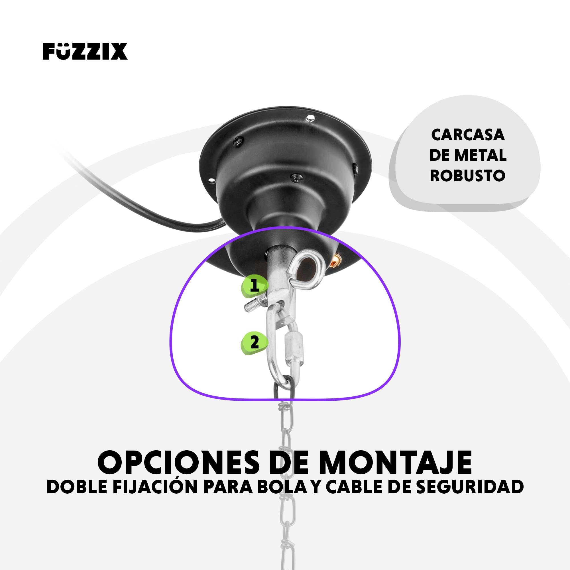 Fuzzix MBM400 Motor para Bola de Discoteca, Motor con Cable para Bola de Espejos, 3 rpm, Motor Giratorio para Bolas de Discoteca, Montaje en techo. Accesorios para fiestas y Bolas de Discoteca.