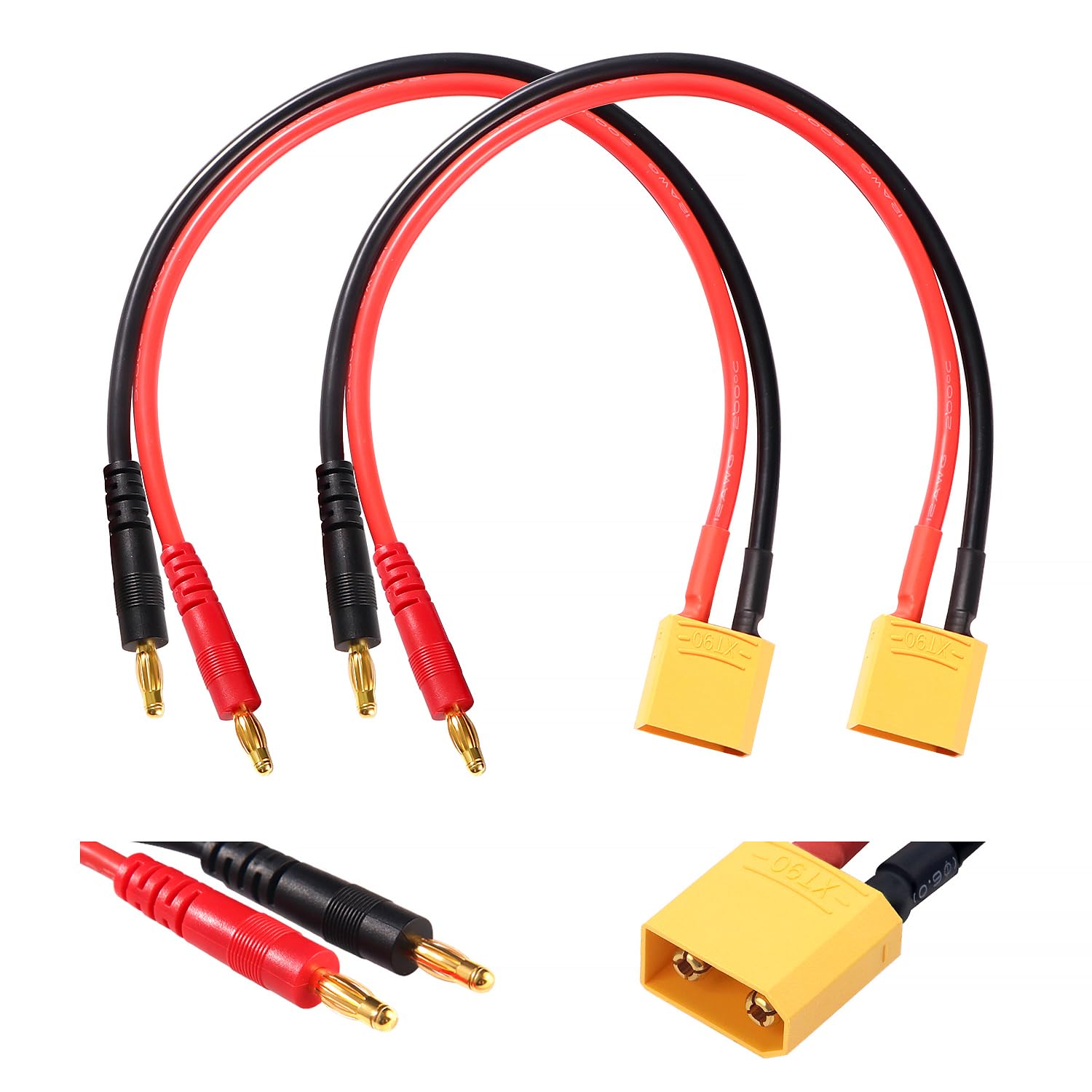 YIXISI 2 PCS XT90 to 4.0 Banana Plug RC Battery Charge Cable, XT90 Connector to 4.0mm Banana Connector with 30cm 12AWG Silicone Cable, for RC Helicopter Quadcopter Lipo Batteries