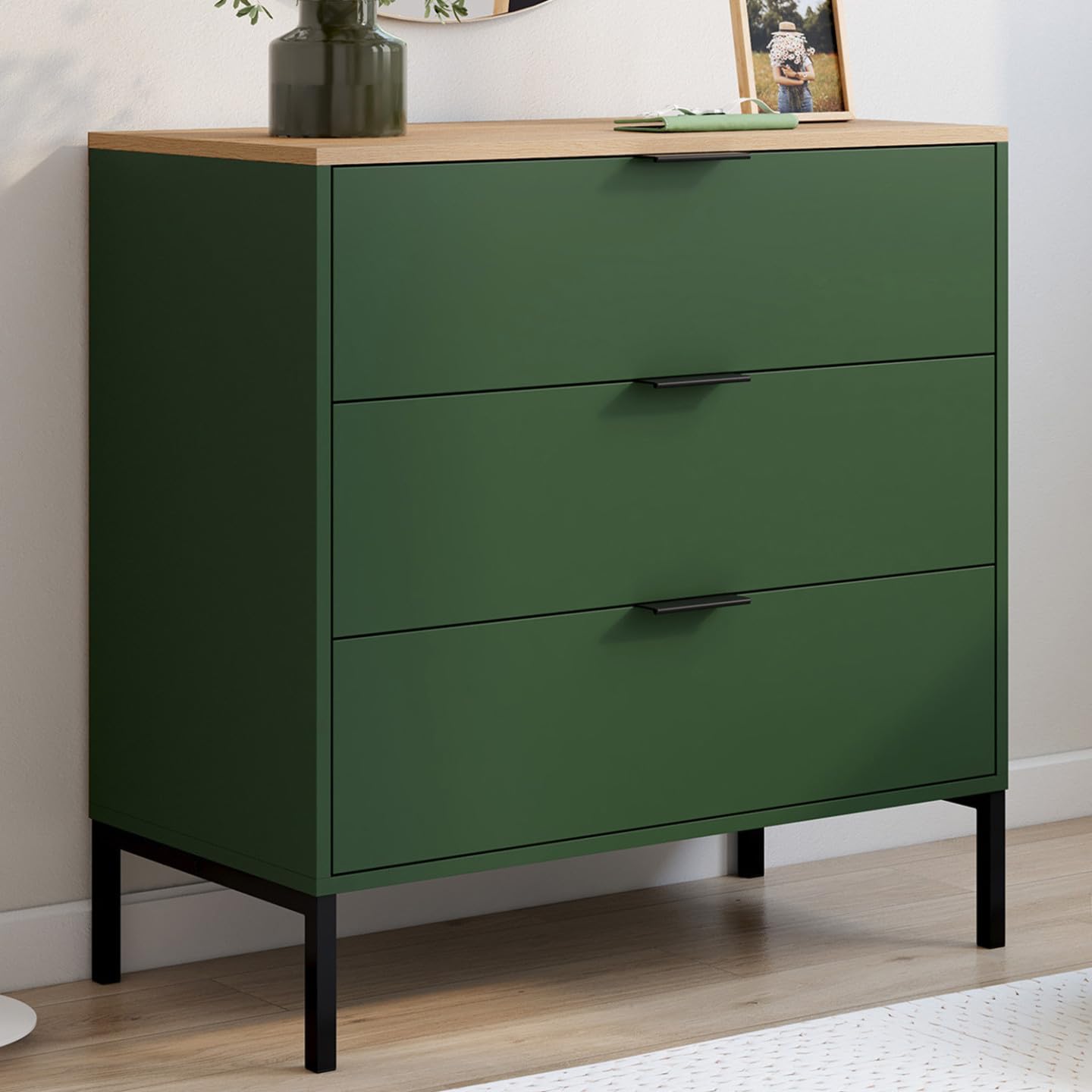 IDMarket - Commode 3 tiroirs KELIA 80 cm Vert Kaki et Plateau Bois