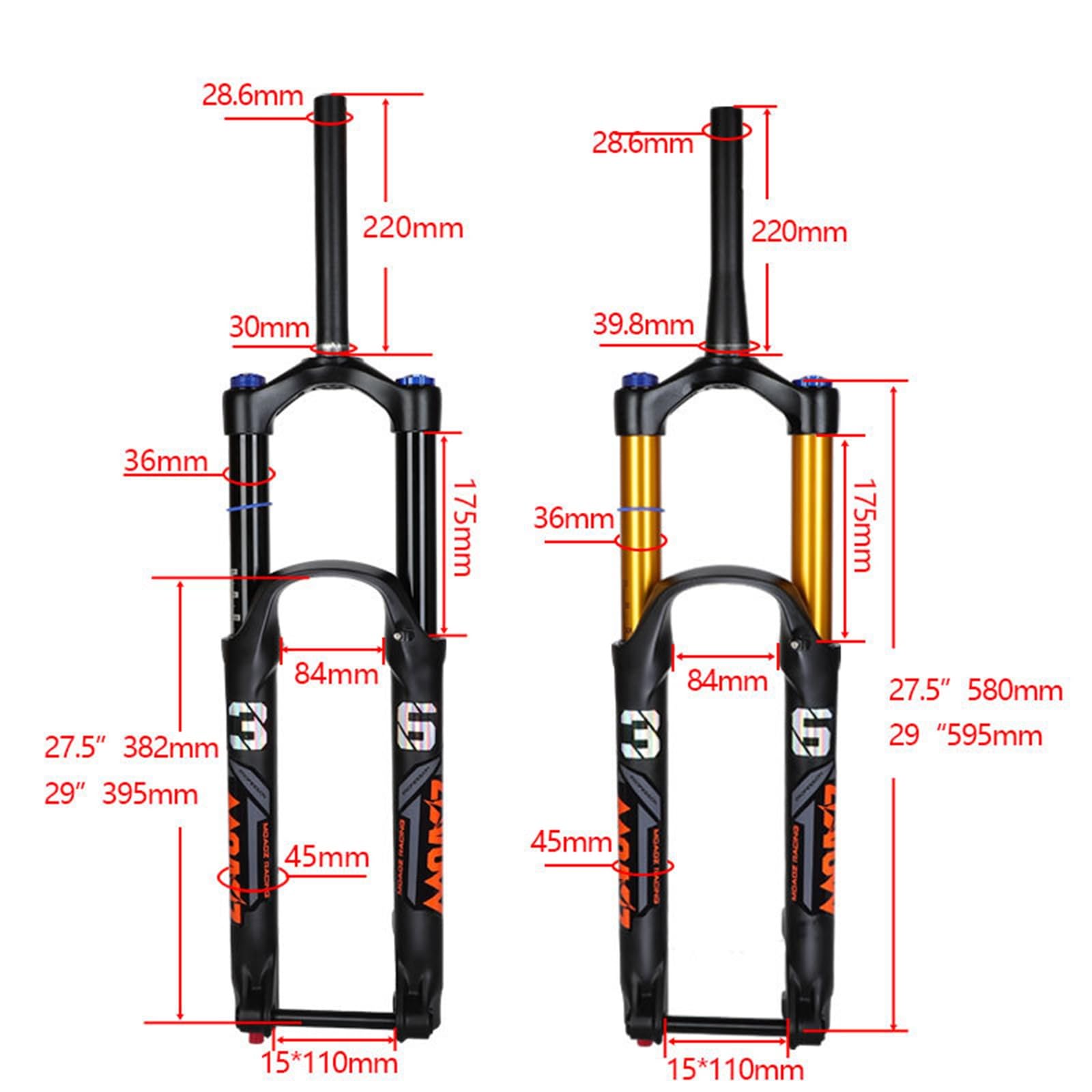 Forcella Anteriore per Mountain Bike da 26/27,5/29 Pollici, Perno Passante 110x15 mm, Sospensione pneumatica Boost Downhill, Escursione 175 mm, Tubo Dritto/Conico da 1-1/8'' con re