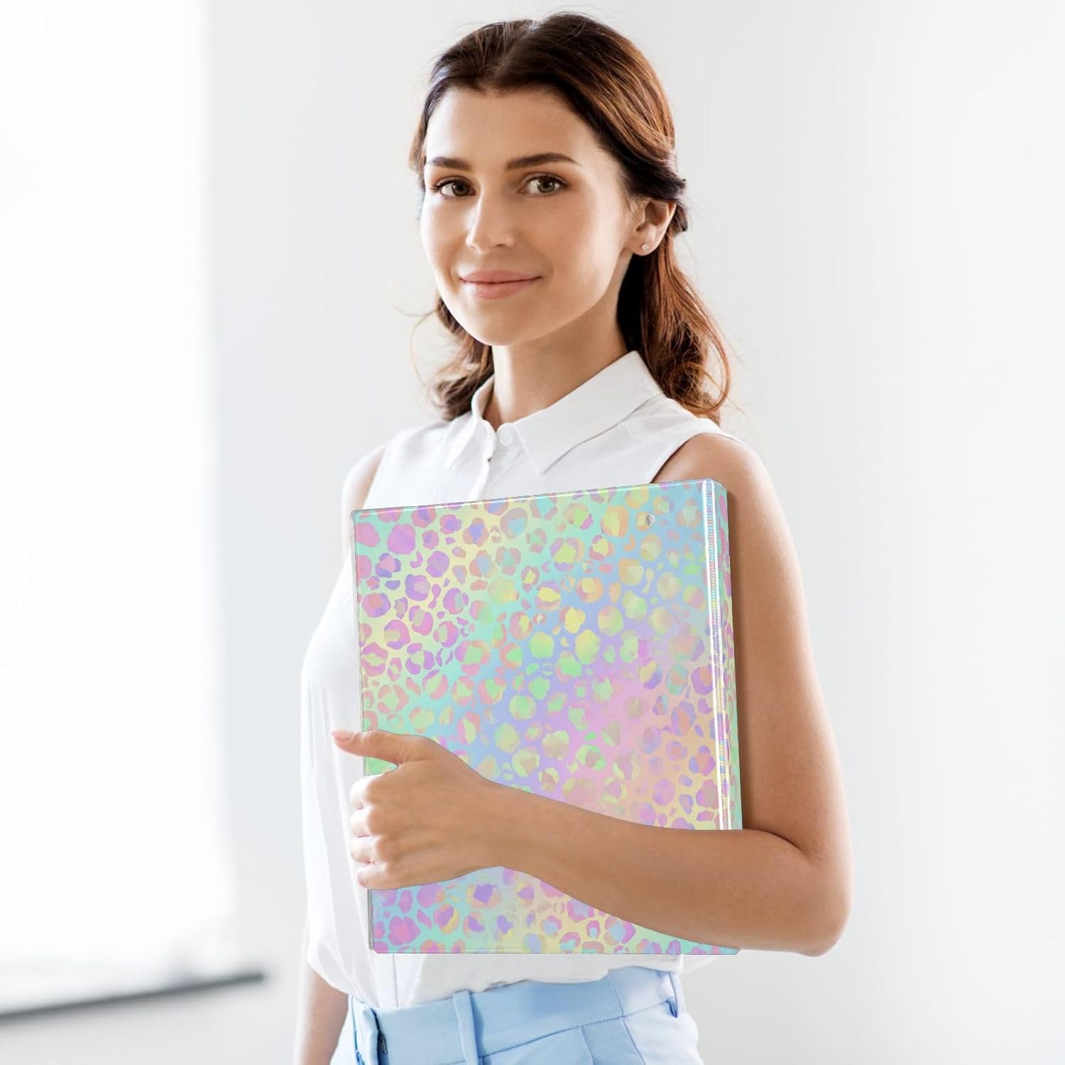 3 Ring Binder, Rainbow Leopard Print Neon File Folder Holds 200 Sheets File Storage for Women Men School Office Supplie