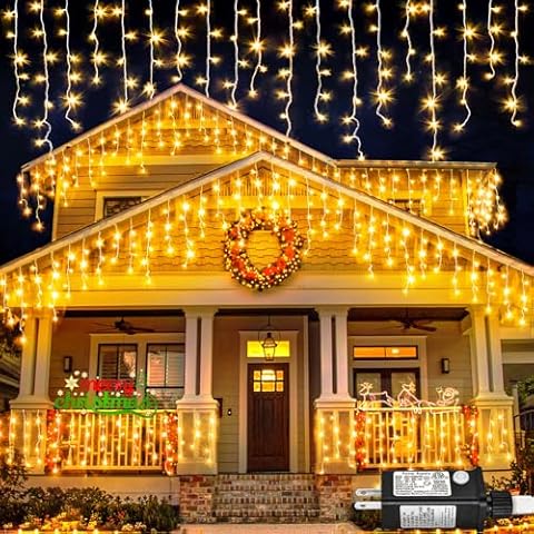 Christmas Lights Outdoor, 33ft 400 LED Warm White Icicle Lights for Outside House, Plug in Connectable Twinkle Tree Lights 8 Modes Timer Waterproof for Patio Window Party Indoor Holiday Decorations Cover