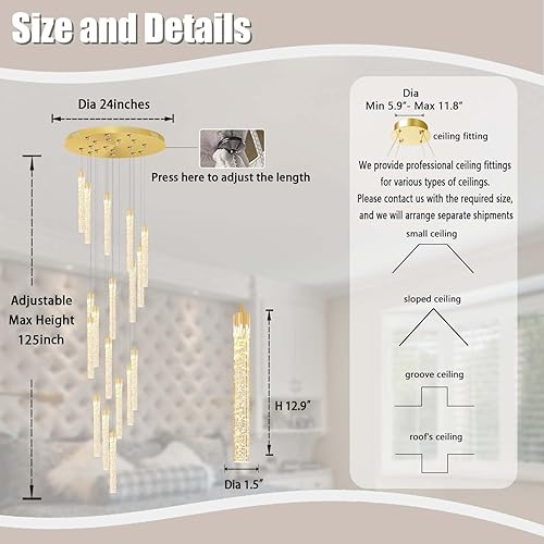 Miniatura 4 de H125 '' Lámparas de cristal modernas para entrada, 18 luces LED regulables, lámpara colgante grande para escaleras, sala de estar, villa Oro,Negro