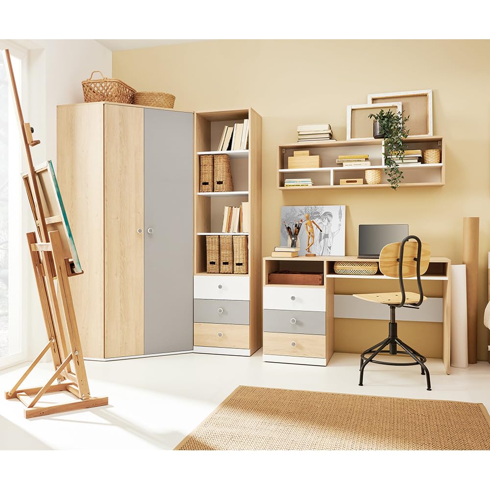 Lomadox Kinderzimmer Jugendzimmer Set in Eiche mit weiß und grau, 4-teilig, Schreibtisch, Wandboard, Standregal, Kleiderschrank