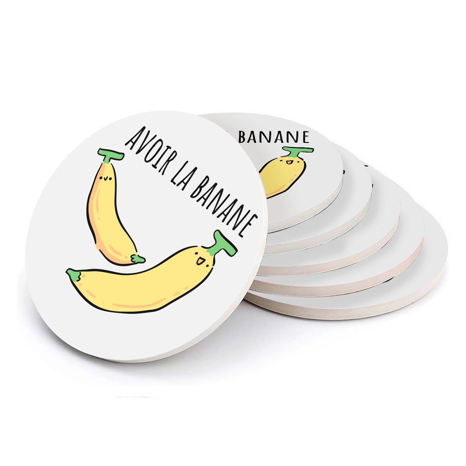 Sous verre ronds en céramique motif banane pour enfant | Lot de 6 dessous de verre absorbants