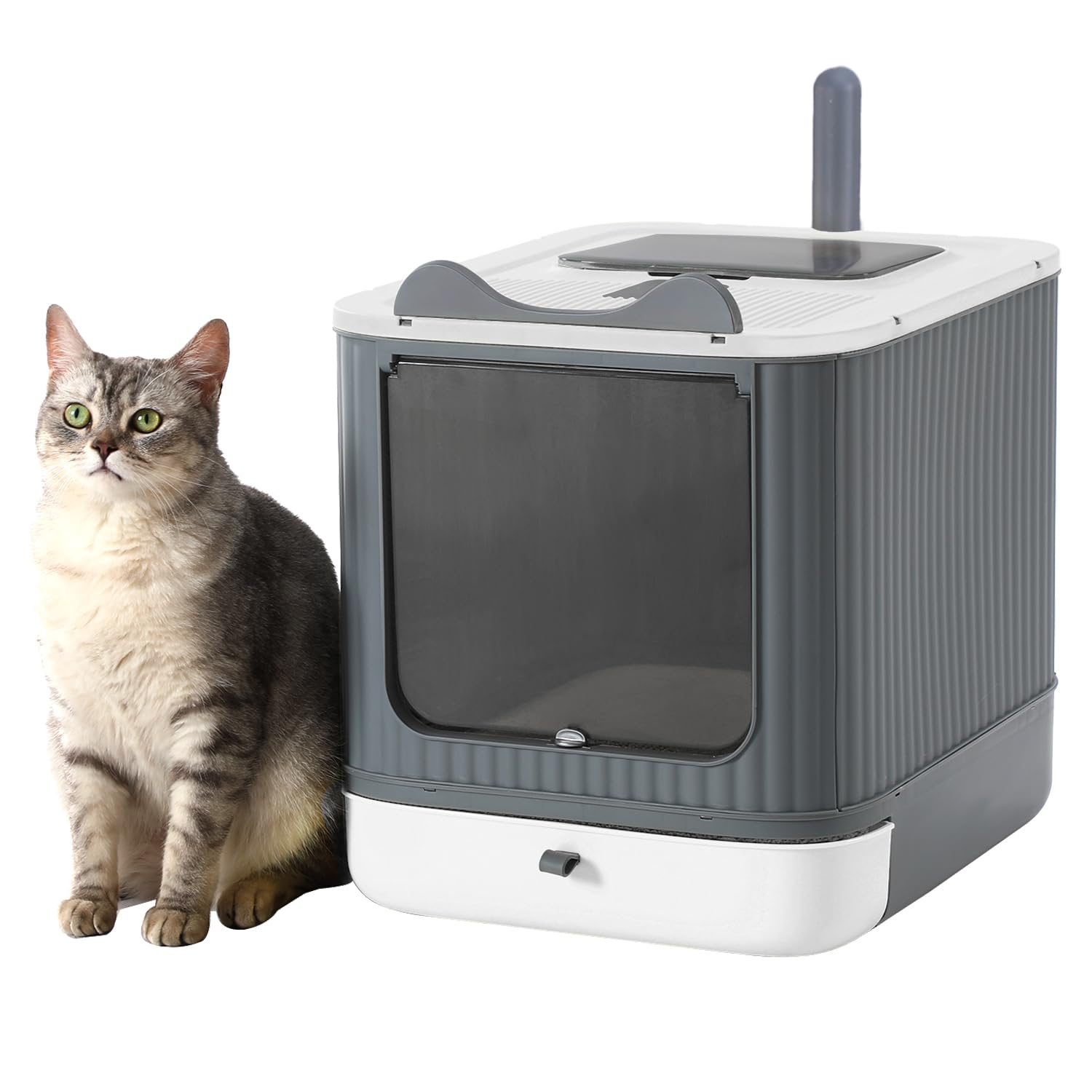 Foldable Cat Litter Box, Fully Enclosed Litter Box with Lid, Covered Kitty Kitten Litter Boxes Enclosure with Scoop, Odor Control, Easy to Clean, 3 Modes for Cat up to 12 lbs(White&Grey)