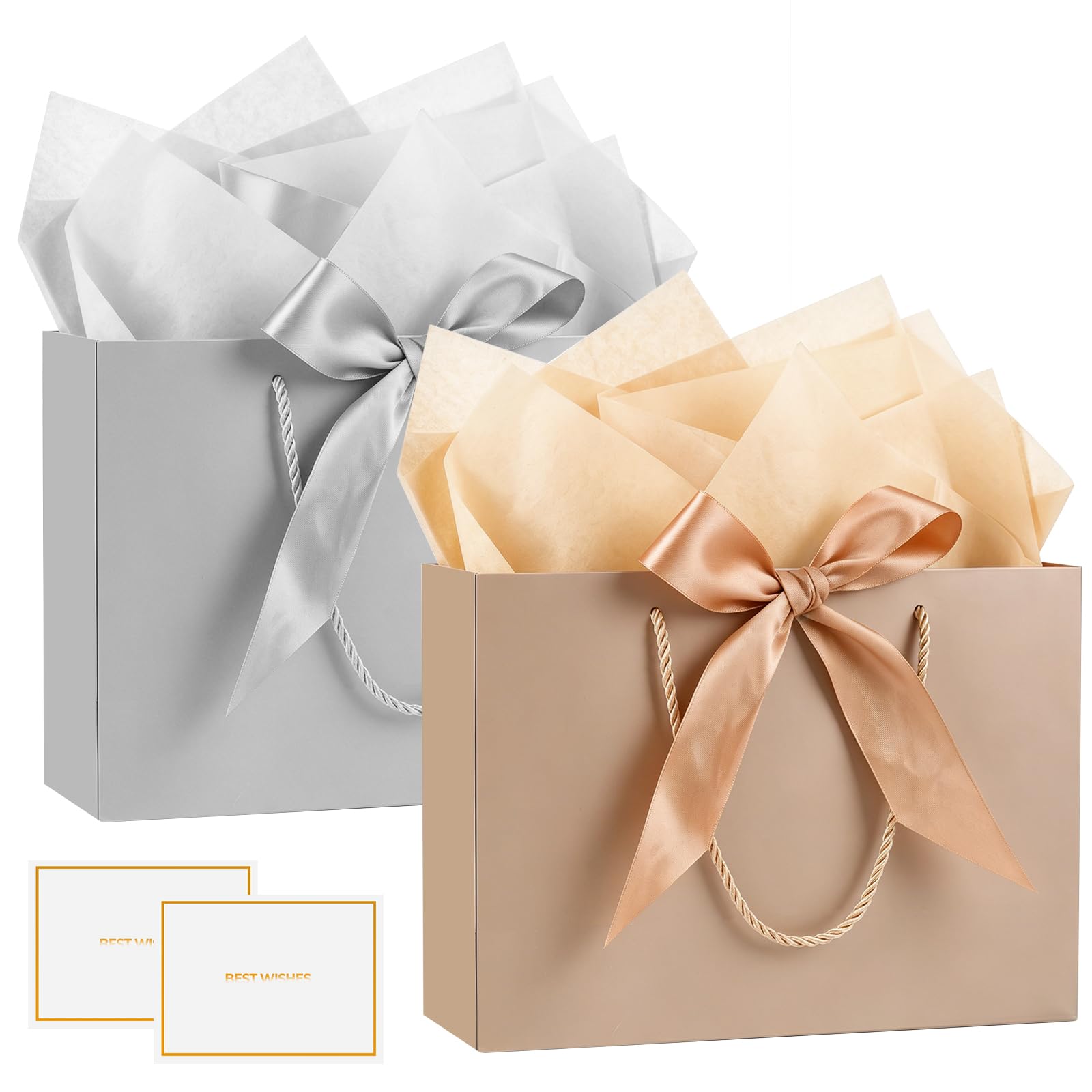 Mifferer Gift Bags for Present, 2 Pcs Medium Gift Bag with Tissue Papers and Gift Cards, Paper Gifts Bags with Handles for Women Men Birthday Wedding Party