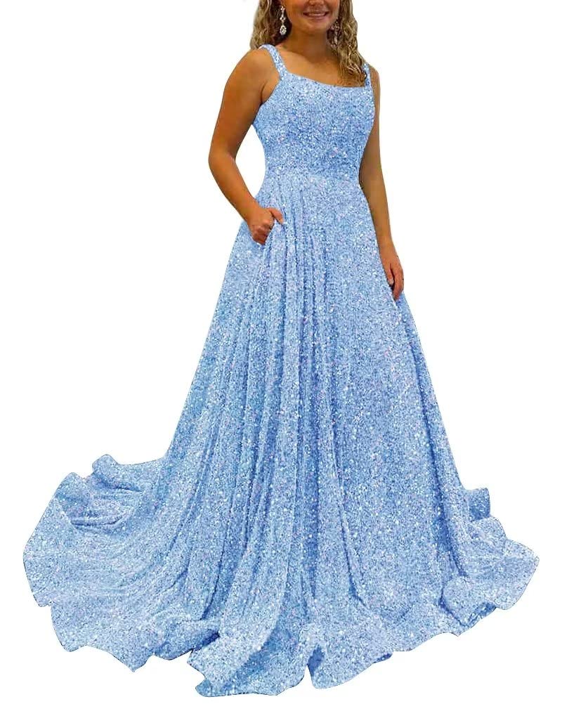 Sparkly Sequins A Line Prom Dresses Long Spaghetti Straps Party Dresses Backless Wide Hem Ball Gowns for Women