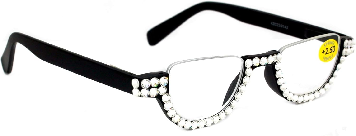 The Half Moon, Crystal Bling Reading Glasses Women Adorned with Clear European Crystals (Black) NY Fifth Avenue.