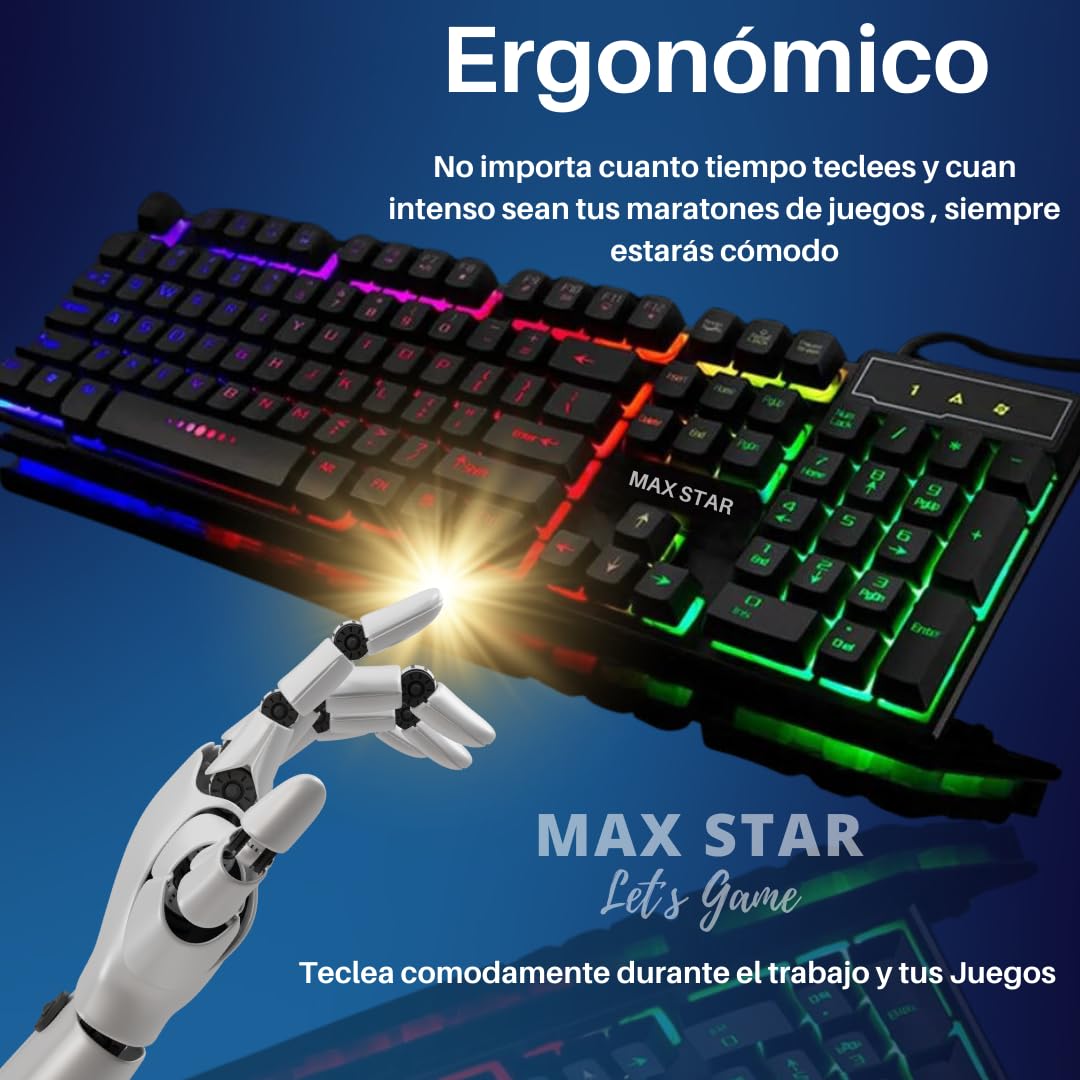 Max Star Teclado Gaming Iluminación LED RGB Teclado Alámbrico Gaming Windows, Mac, PC Gaming, Ordenador, Portátil Teclado Mecánico Negro