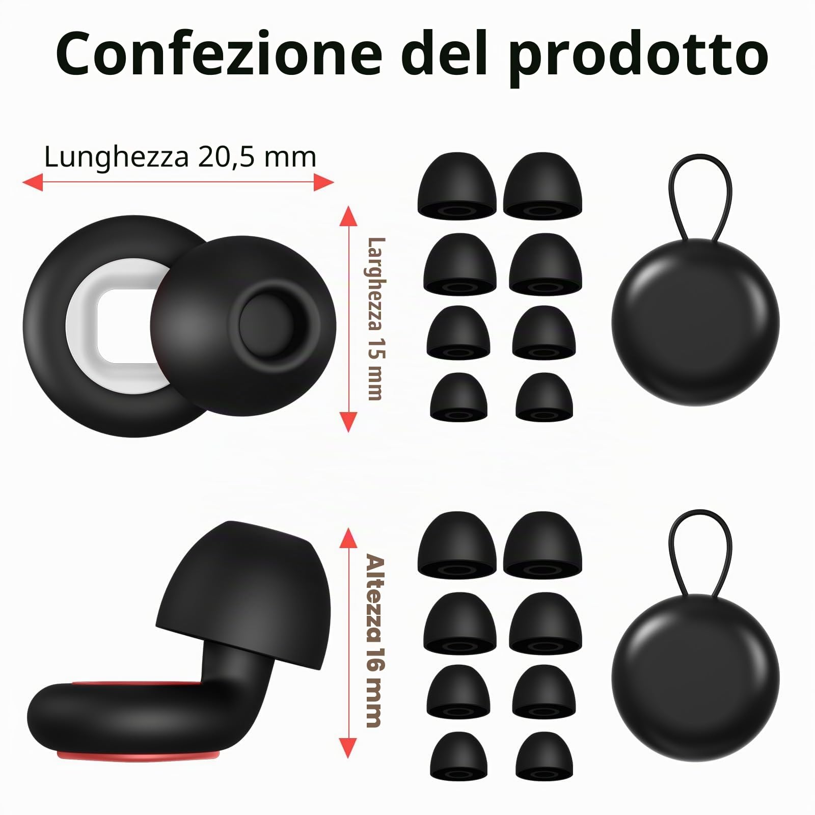 Tappi per orecchie da 28 dB per dormire, 2 paia riutilizzabili in morbido silicone per moto, sonno e concerti, anti-rumore con 8 punte, nero/rosso e nero/bianco