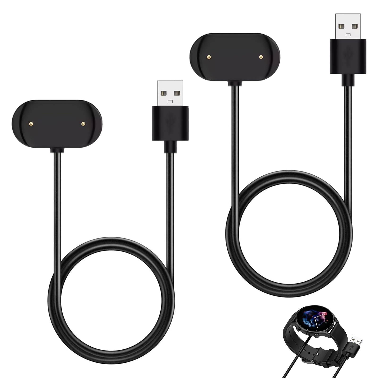 2 Piezas Cargador Compatible con Amazfit GTR 4 3/GTR 3 4 Pro, GTS 3 4, T-Rex 2 T-Rex Ultra/Cheetah Pro, USB 2 Pins Cable de Carga 100cm, Reloj Inteligente Accesorios, Base de Carga Magnética, Negro