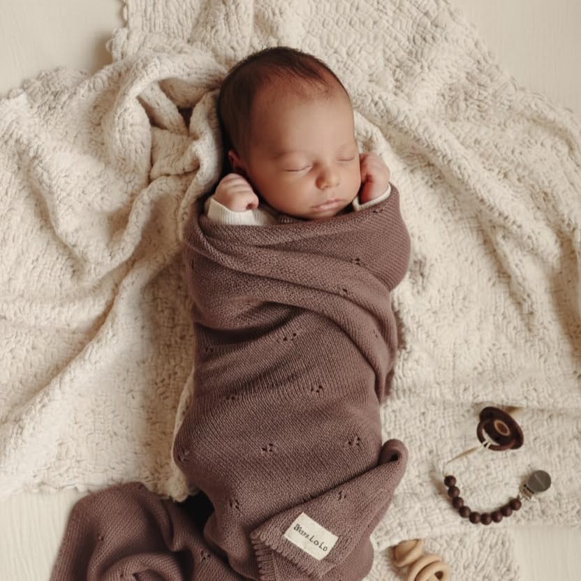 Image of 100% Luxury Organic Cotton Pointelle Knit Baby Blanket - Refined Lightweight Heirloom Nursery Essential (Pointelle - Milk Chocolate)