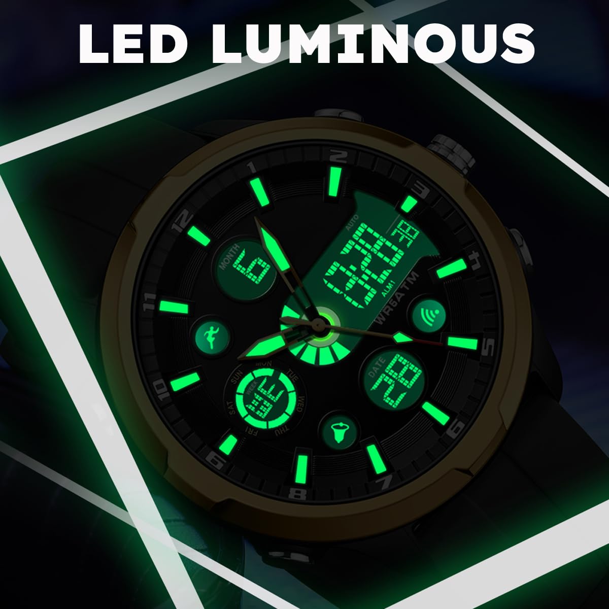 findtime Orologio sportivo da uomo, doppio fuso orario, analogico, digitale, militare, impermeabile, tattico, casual, 50 mm, con sveglia luminosa a LED, snooze, cronometro, lunetta in lega