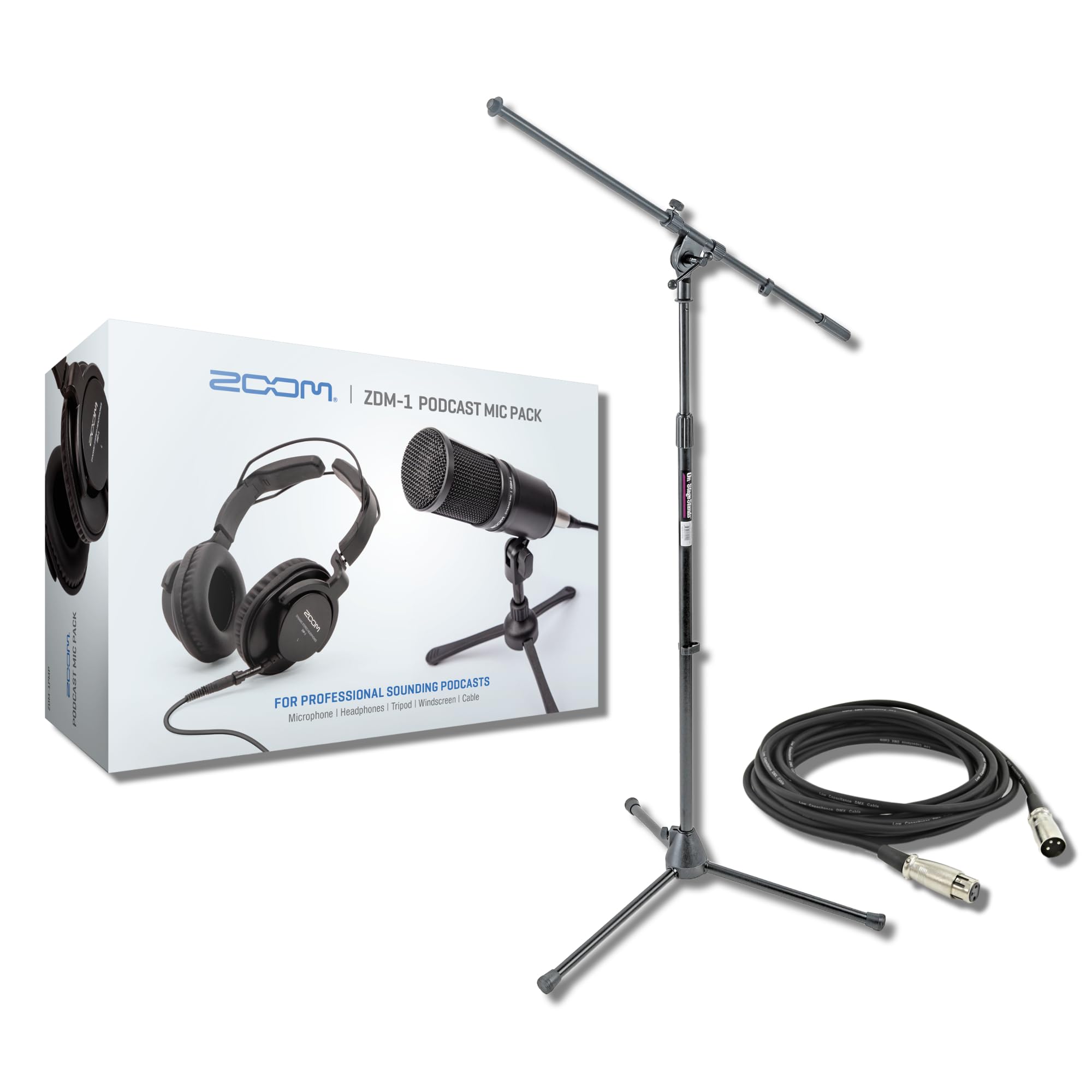 Zoom ZDM-1 Podcast Microphone Pack with On-Stage Stands MS7701B Tripod Mic Stand and XLR Cable