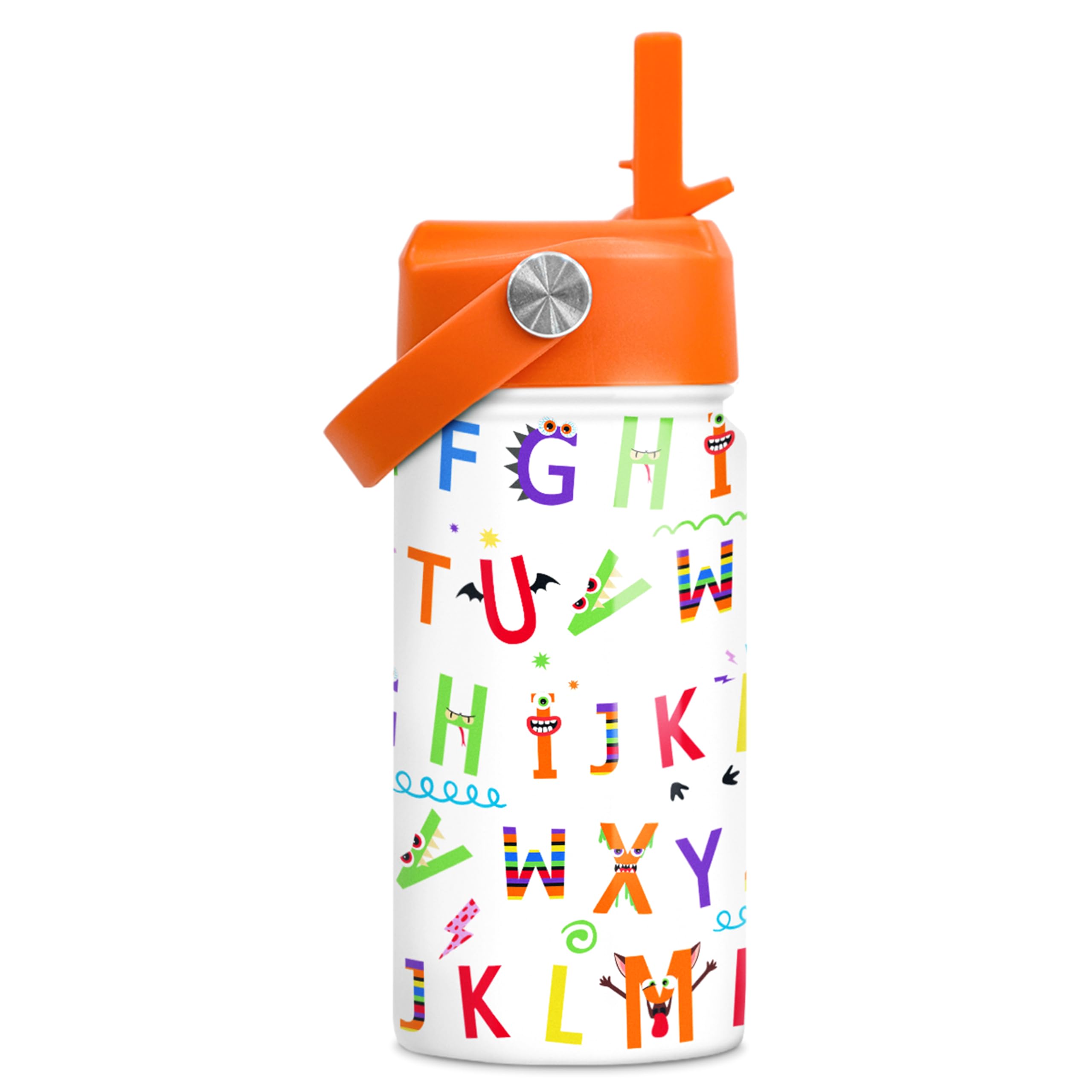 SANDJEST Kids Water Bottle with Straw Lid - 12 Oz Alphabet Insulated Stainless Steel Water Bottles for Kid Girl Boys - Travel Cup for School Sports