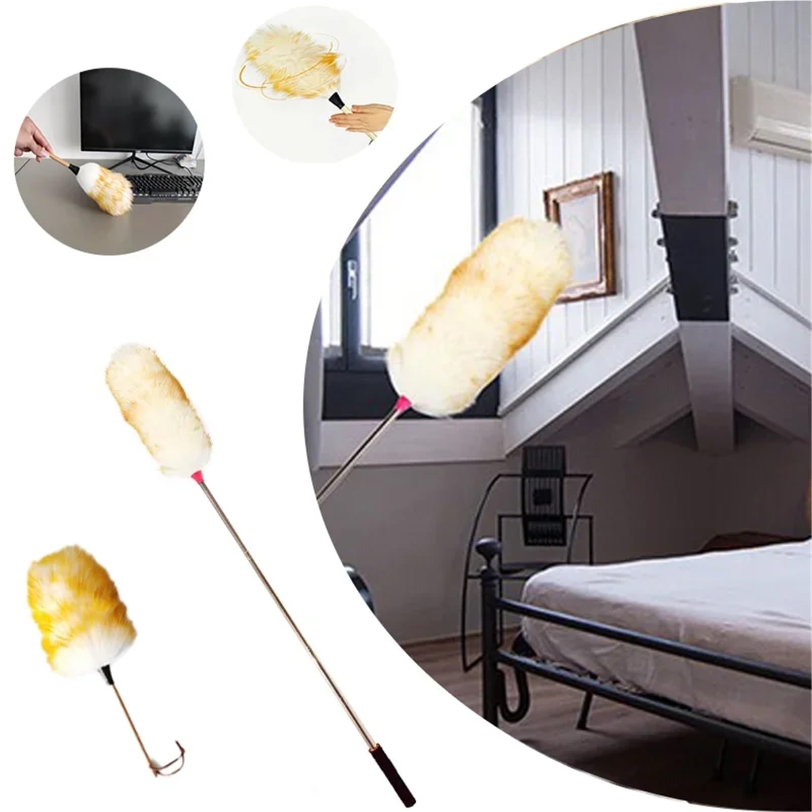 Plumero Atrapapolvo Colector de Polvo Lana, Mango Madera, Ligero antiestático, Lavable for Limpieza del Coche en el hogar(Scalable1PC)