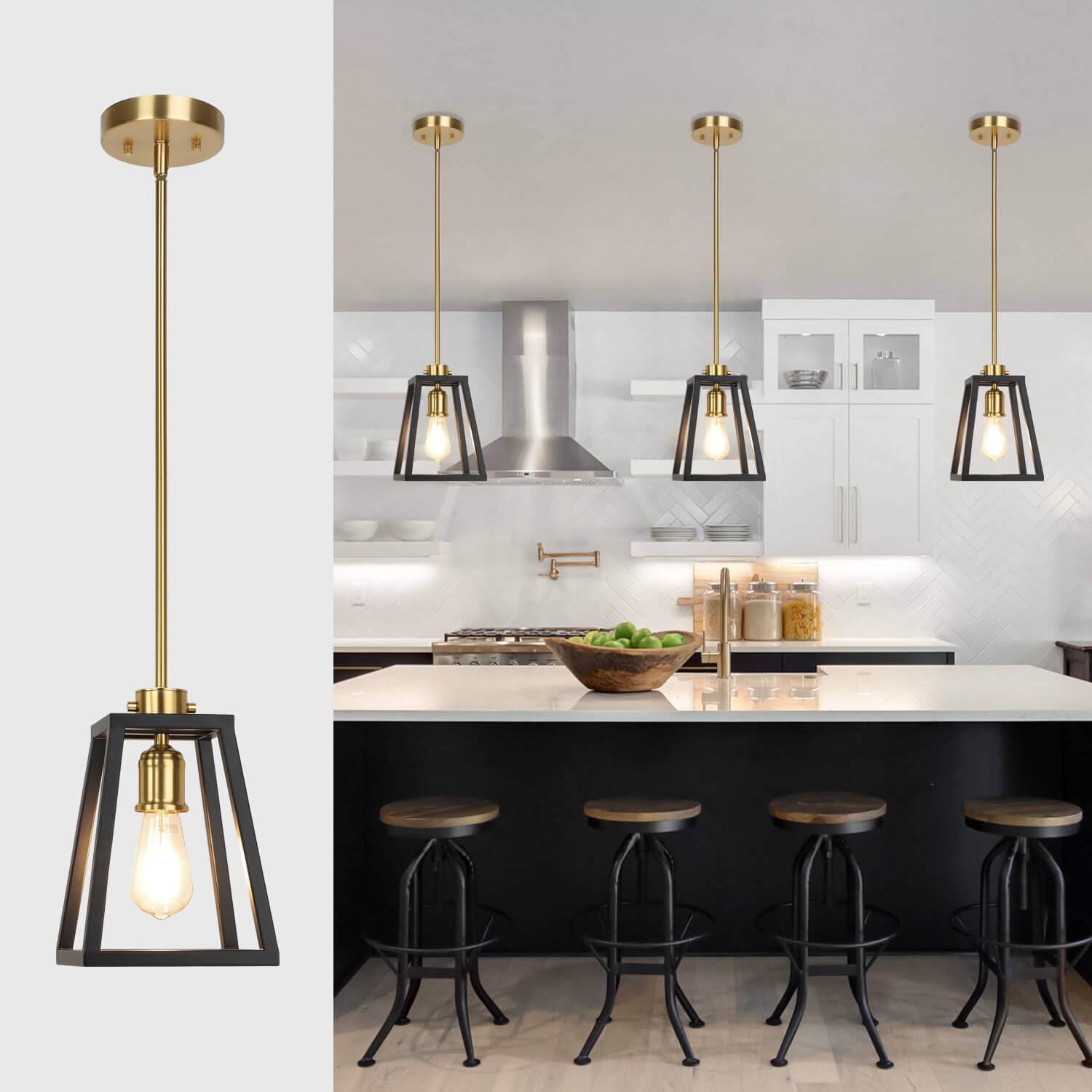 XiNBEi Lighting Black and Brass Pendant Light Fixture, Farmhouse Lantern Hanging Light Adjustable Pendant Lighting for Kitchen Island Dining Room Entryway Hallway XB-P400-MB