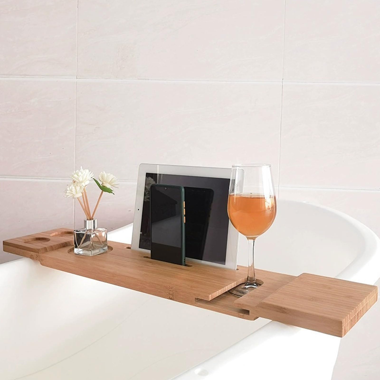 Caddy Vassoio da Bagno Premium, Vassoio da Bagno in bambù Naturale per Vasca, 27,6 "Vassoio da Bagno, Porta per Tablet e Bicchiere da Vino, Accessori da Bagno e Gadget da Bagno