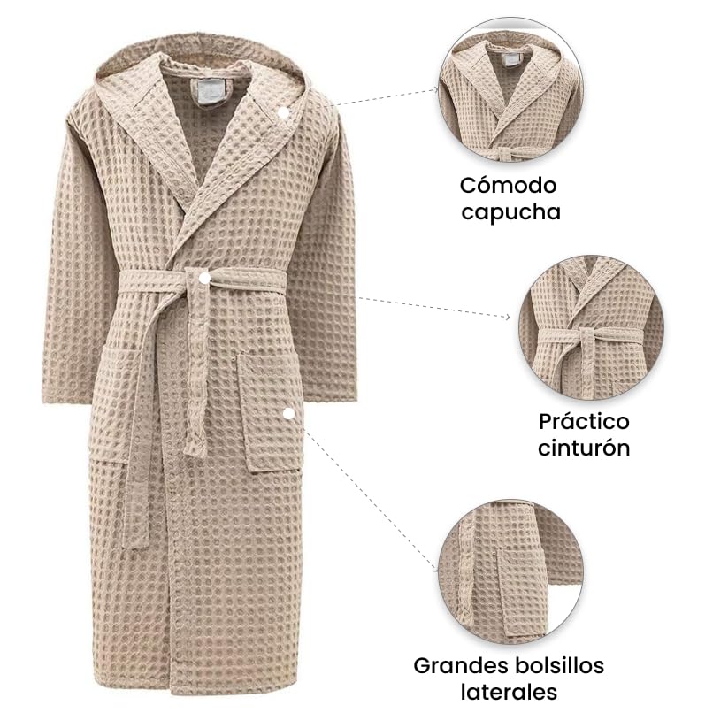 INTRECCI Albornoz 100% algodón de Rizo de Nido de Abeja en Color Liso con Capucha y cinturón - Bata de baño Unisex para Mujer y Hombre (L, Tórtola)