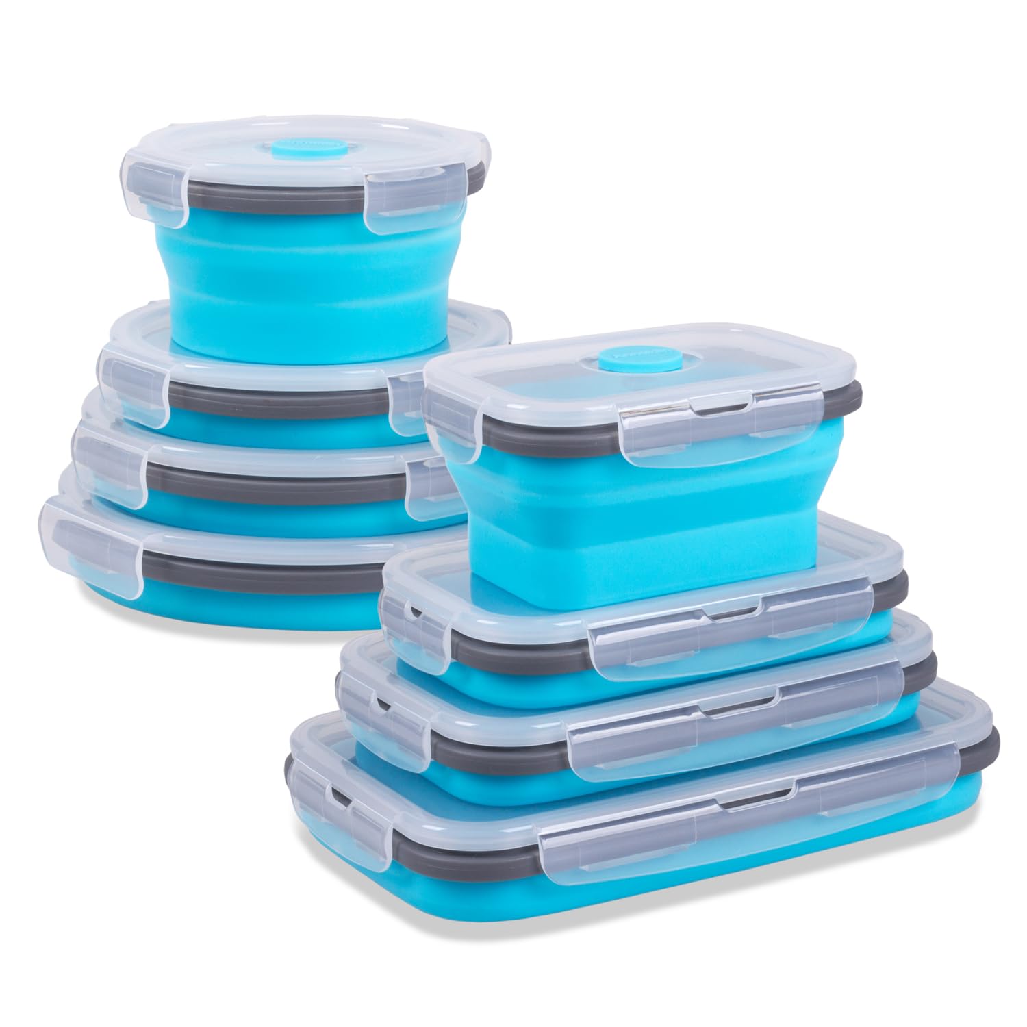 Annaklin Collapsible Food Storage Containers with Lid & Air Vent, 8 Pack, 4 Rectangular + 4 Round, Foldable Silicone Lunch Containers Collapsible Bowls Set, Microwave Freezer Dishwasher Safe, Blue
