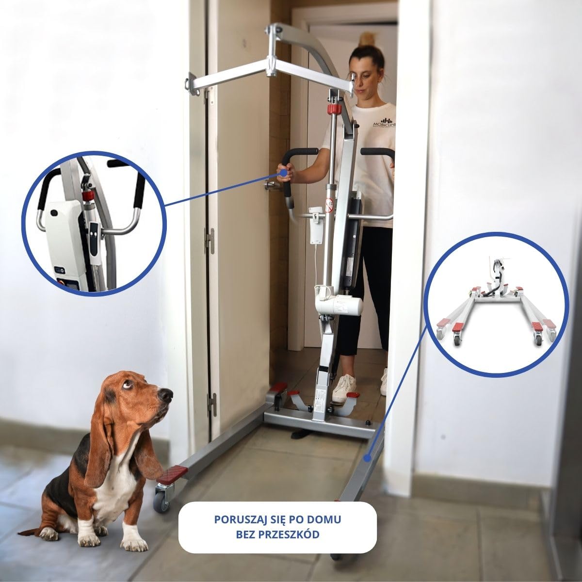 Mobiclinic®, Elektryczny Podnośnik Pacjenta dla Seniorów, Składany, do 180 kg, Rama Wstępnie Zmontowana, w Zestawie Uprząż do Przenoszenia, Regulowana Szerokość, Kółka z Hamulcami, Stalowy, Fortuna