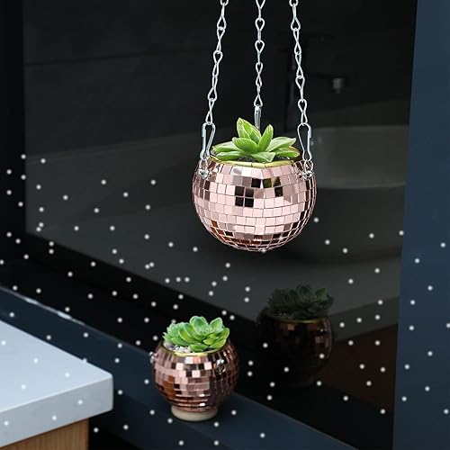 Miniatura 2 de 6 macetas de bola de discoteca de 4 pulgadas con espejo, maceta colgante bohemia con cadena y anillos de madera para plantas de interior y exterior,