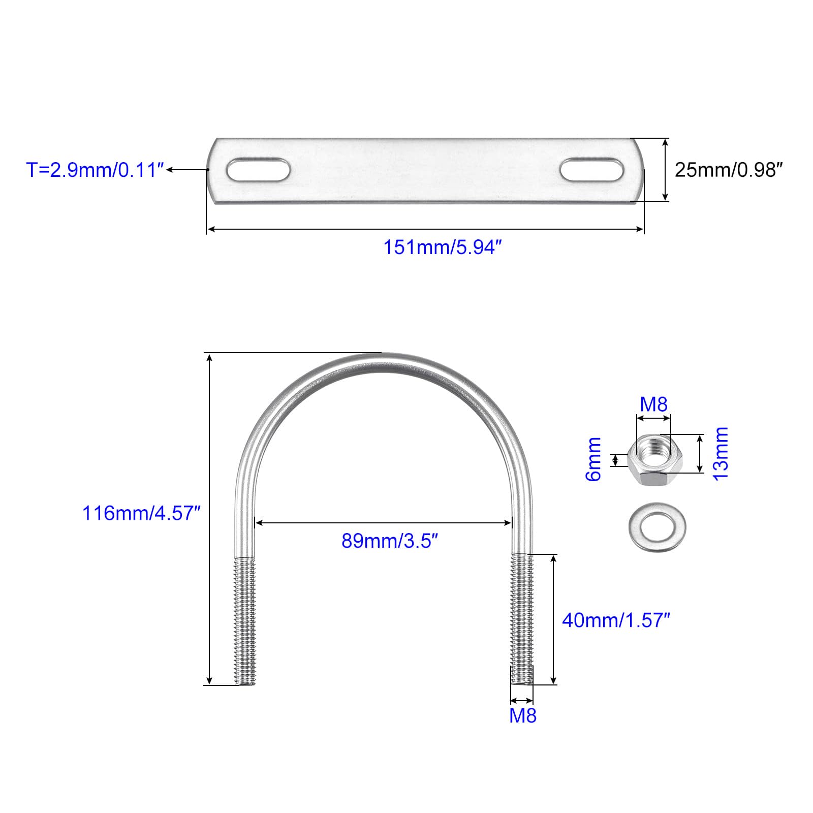 MACHSWON Round U-Bolt,1 Set 304 Stainless Steel M8 U Bolts 89mm(3.5") Inner Width 116mm Length with Nuts and Frame Plate for Automobiles Boat Trailer - Image 2
