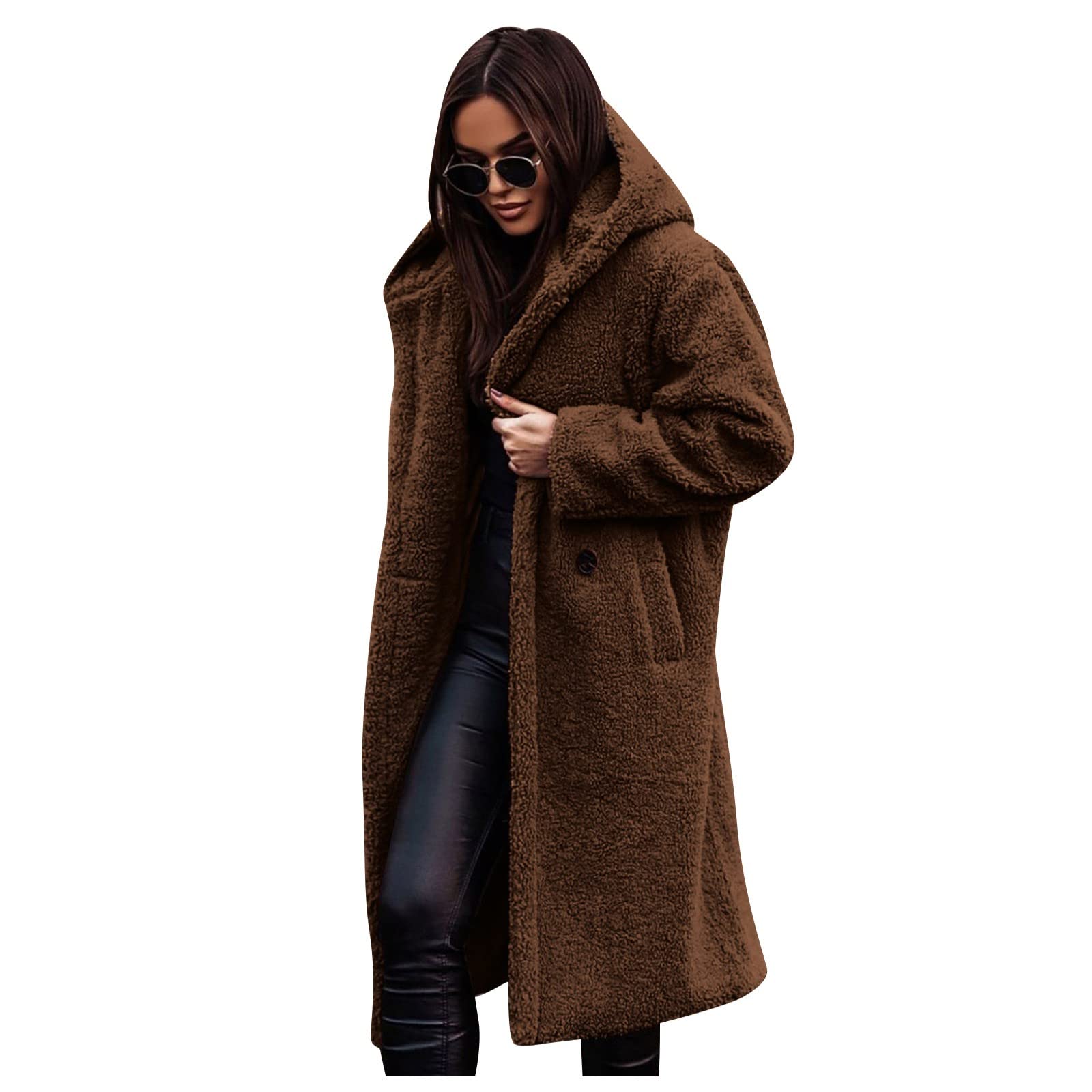 Wintermantel Damen Lang Mit Kapuze Fleecejacke Damen Dicke Kuscheljacke Damen Flauschig Winterjacke Damen Warm Gefütterte Strickjacken Teddyjacke Wollmantel Frauen Winter Plüschjacke Taschen