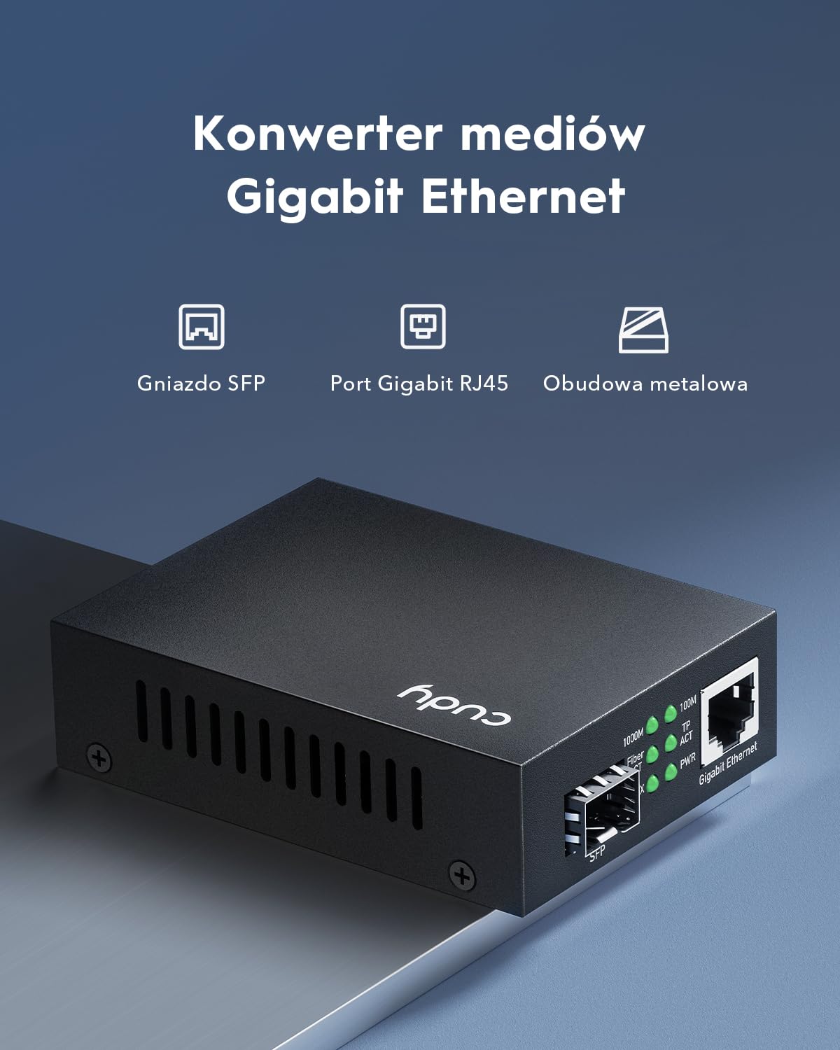Cudy MC220 konwerter mediów Gigabit Ethernet, 10/100/1000 Mbps Gigabit Ethernet RJ45-do SFP do Gigabit, obsługa modułu 1000BASE-SX/LH-SFP-Mini-GBIC, modem z włókna szklanego